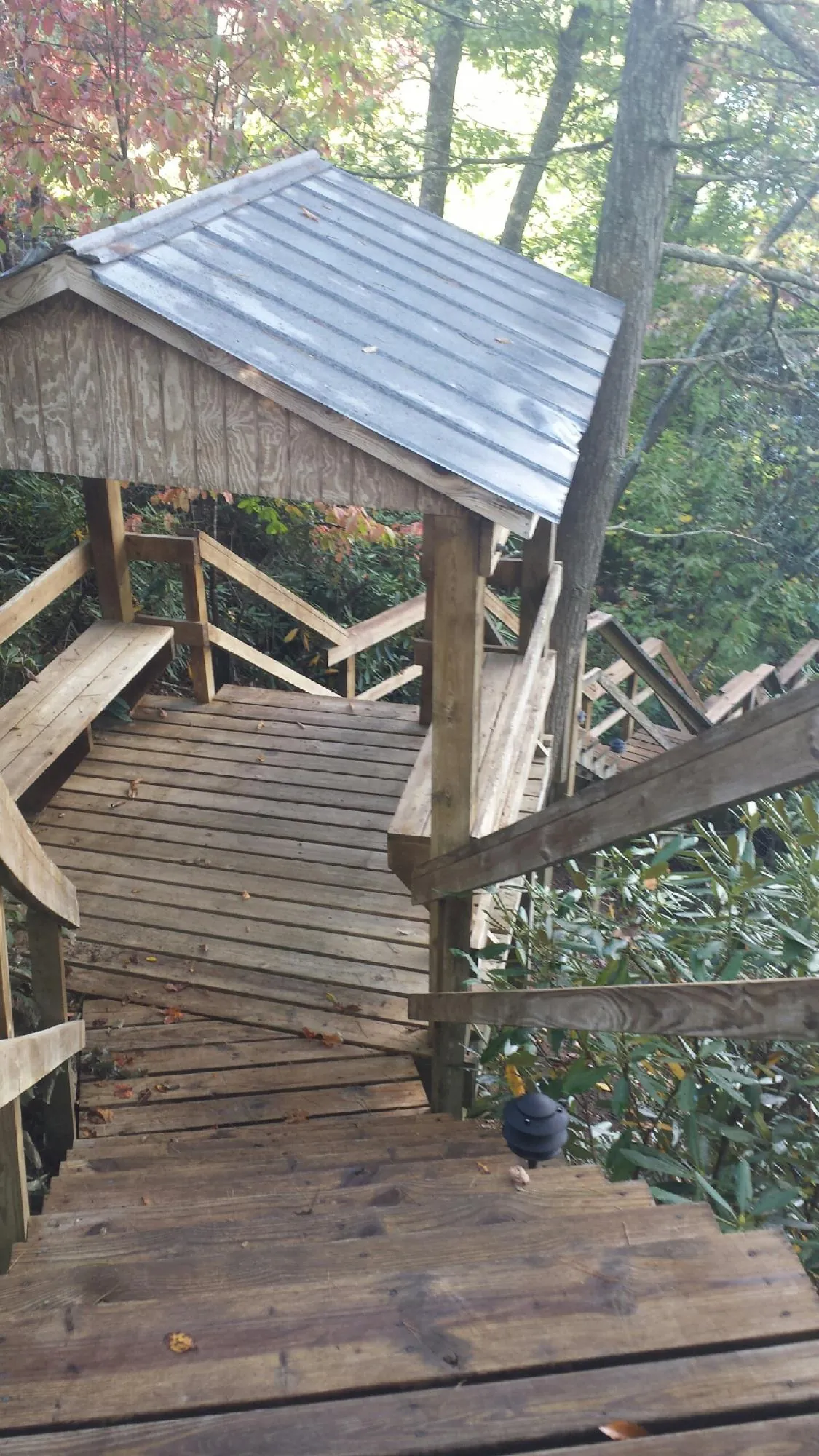 Metal roofed shelter over wooden steps on a wooded walkway — Skylight Repair & Installation work by our crew in State Farm